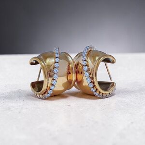 Anthropologie Thick Gold Crystal-Trim Curved Hoop Earrings